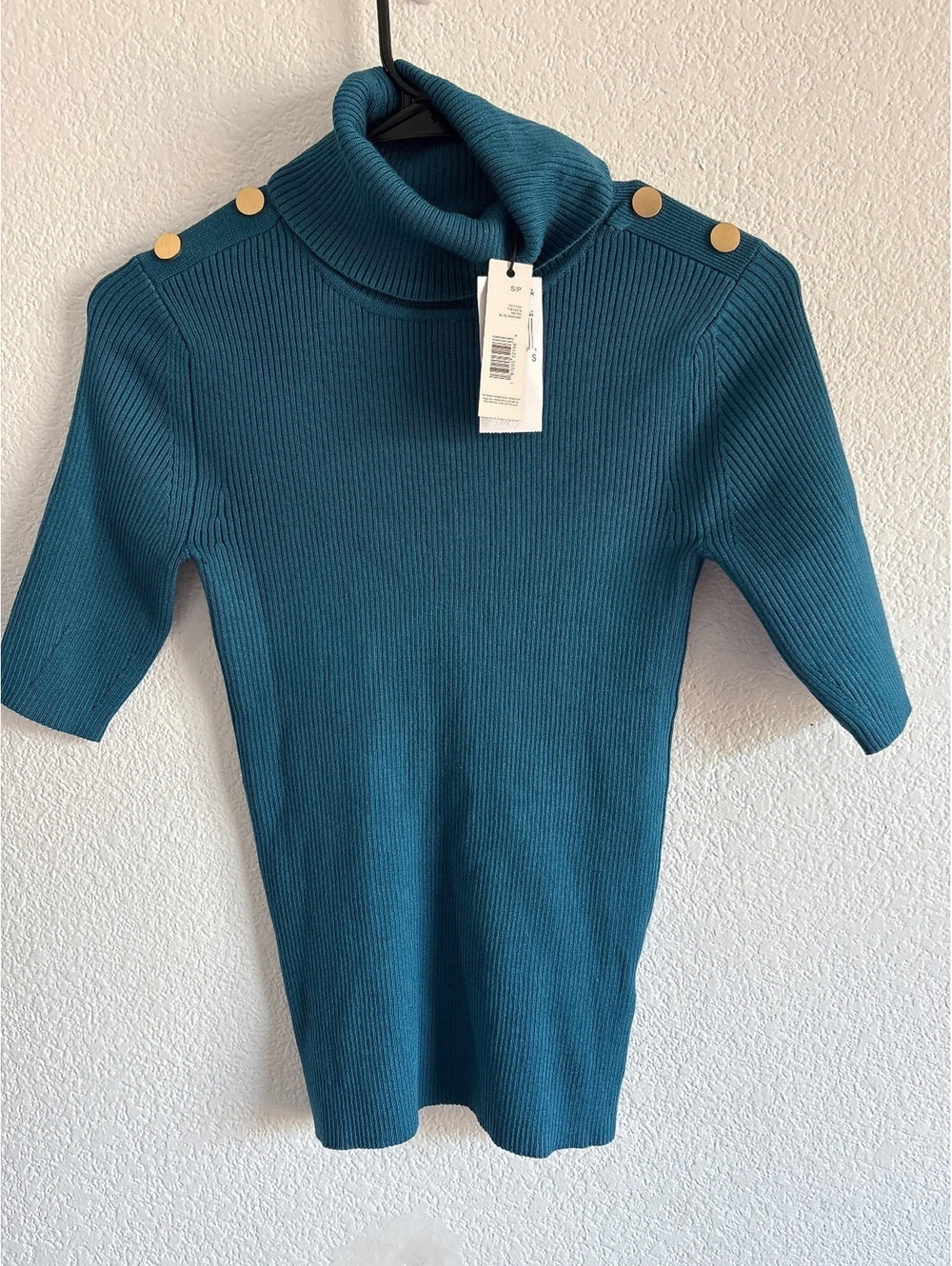 Tahari Blue Diamond Ribbed Knit Turtleneck Sweater with Gold Button Detail, Size
